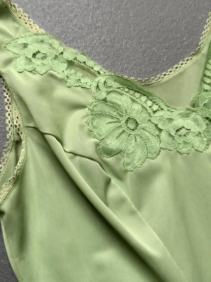 Y2K Vintage Lace Trim Lime Green Slip Dress S/M