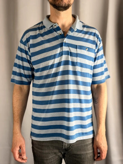 70s Vintage Stripe Polo Shirt Medium Blue Mens