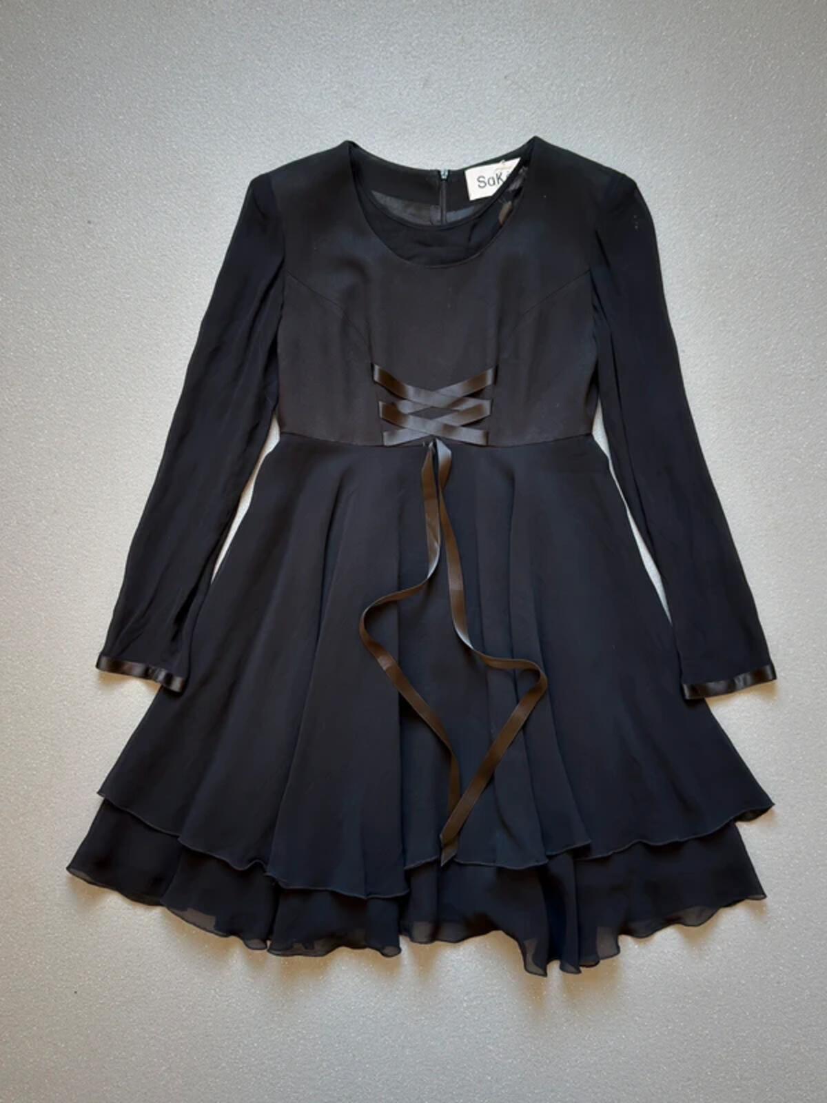Saké Black Long Sleeve Skater Dress with Ribbon Detail Size 14