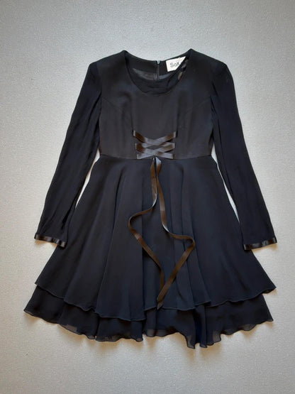 Saké Black Long Sleeve Skater Dress with Ribbon Detail Size 14