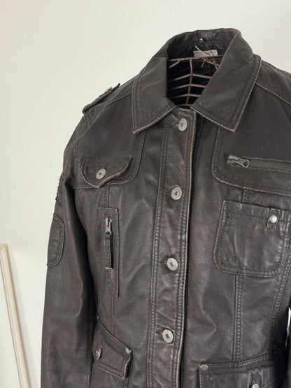Leather Utility Jacket Brown Size 16 Y2K