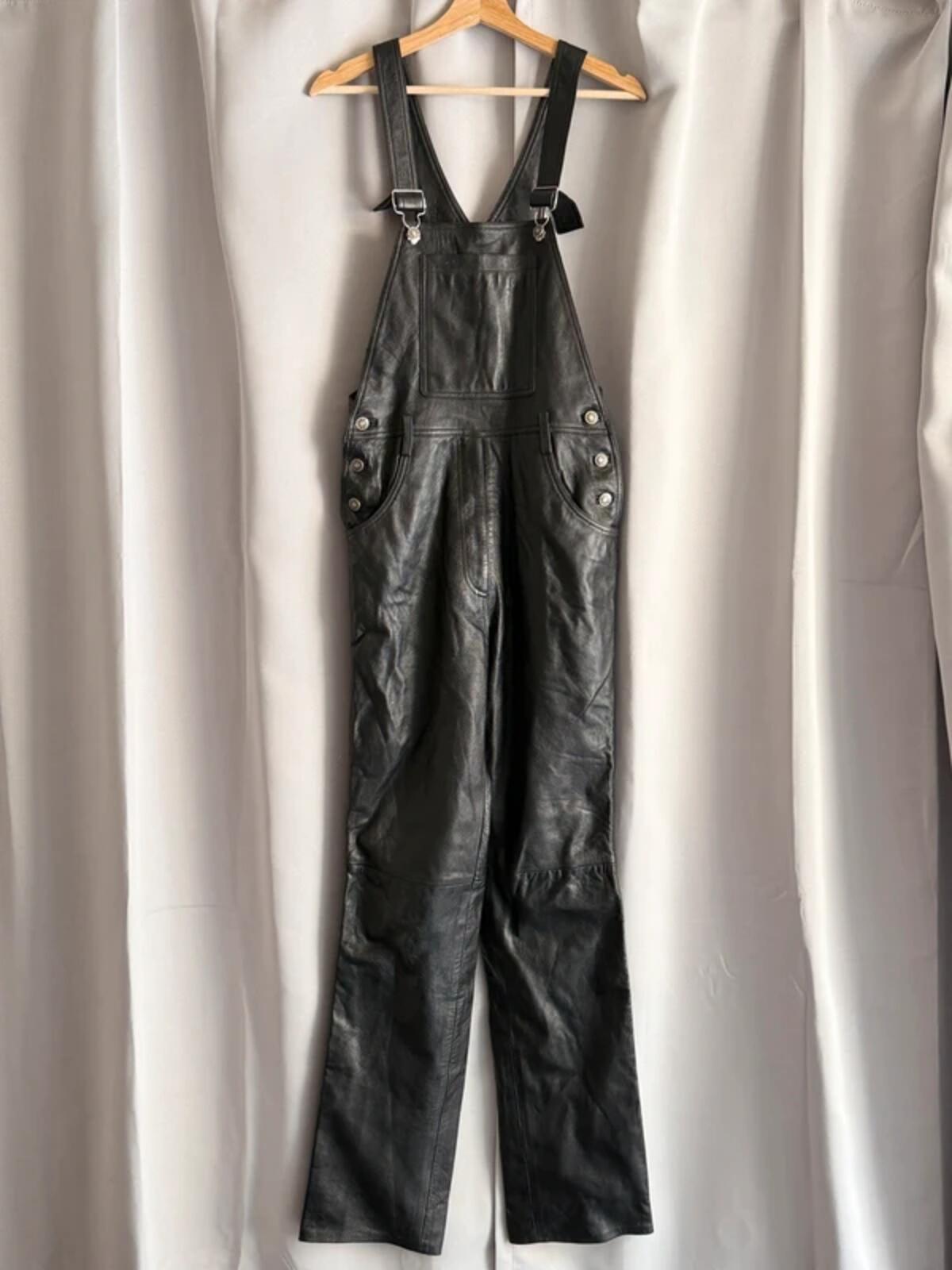 Vintage Black Leather Dungarees Biker Overalls Y2K Grunge Moto 28” Tall