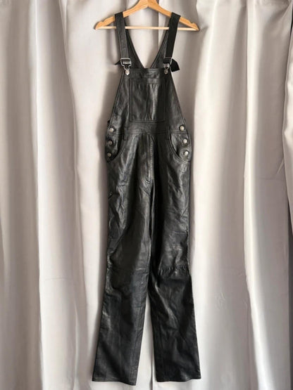 Vintage Black Leather Dungarees Biker Overalls Y2K Grunge Moto 28” Tall