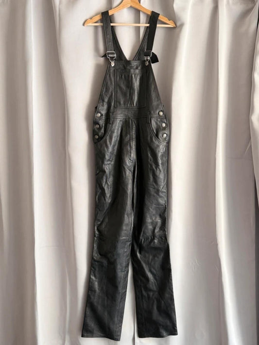 Vintage Black Leather Dungarees Biker Overalls Y2K Grunge Moto 28” Tall