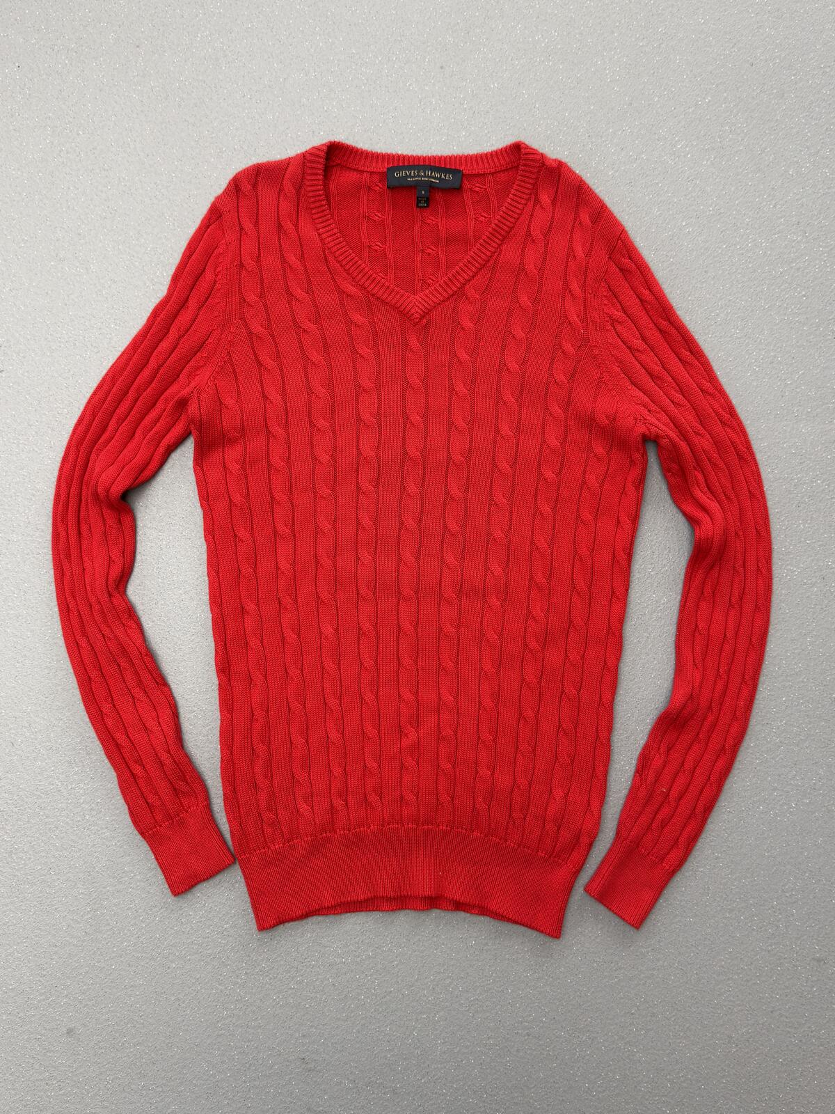 Gieves & Hawkes Red Cable Knit V Neck Jumper Merino Wool Sweater