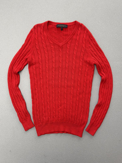 Gieves & Hawkes Red Cable Knit V Neck Jumper Merino Wool Sweater