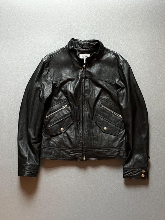 Vintage Tesini Biker Leather Bomber Jacket Size 12 Y2K