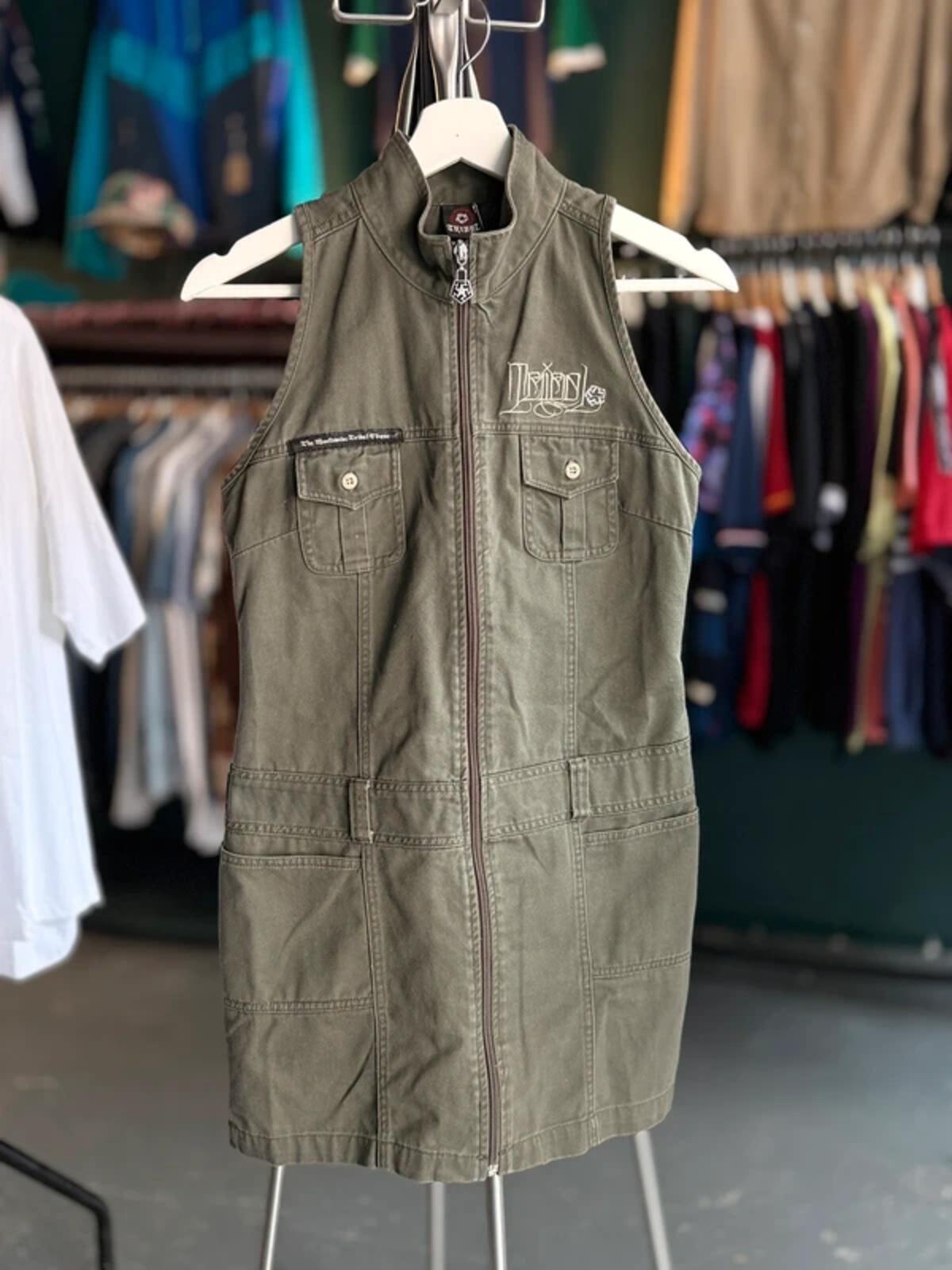Tribal Y2K Full Zip Utility Dress Small Khaki
