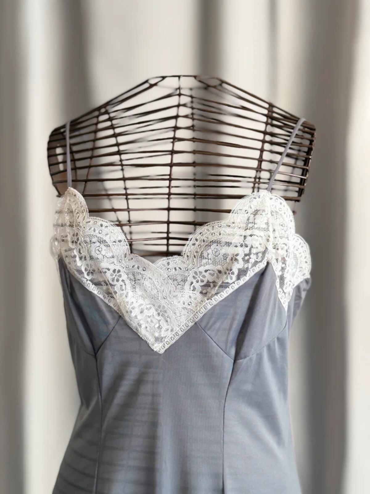 Vintage Silver Lace Trim Slip Dress Size 10-12 Y2K 90s