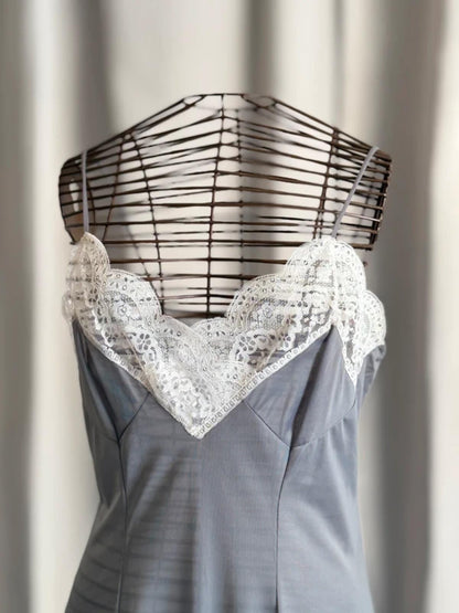 Vintage Silver Lace Trim Slip Dress Size 10-12 Y2K 90s
