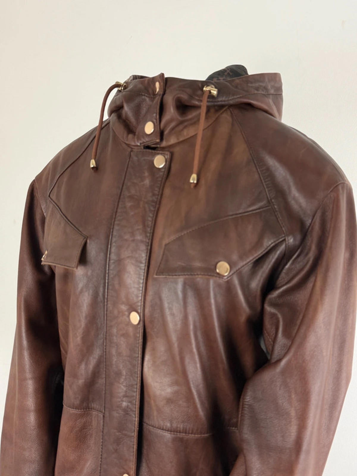 Derimod Hooded Brown Leather Jacket Large