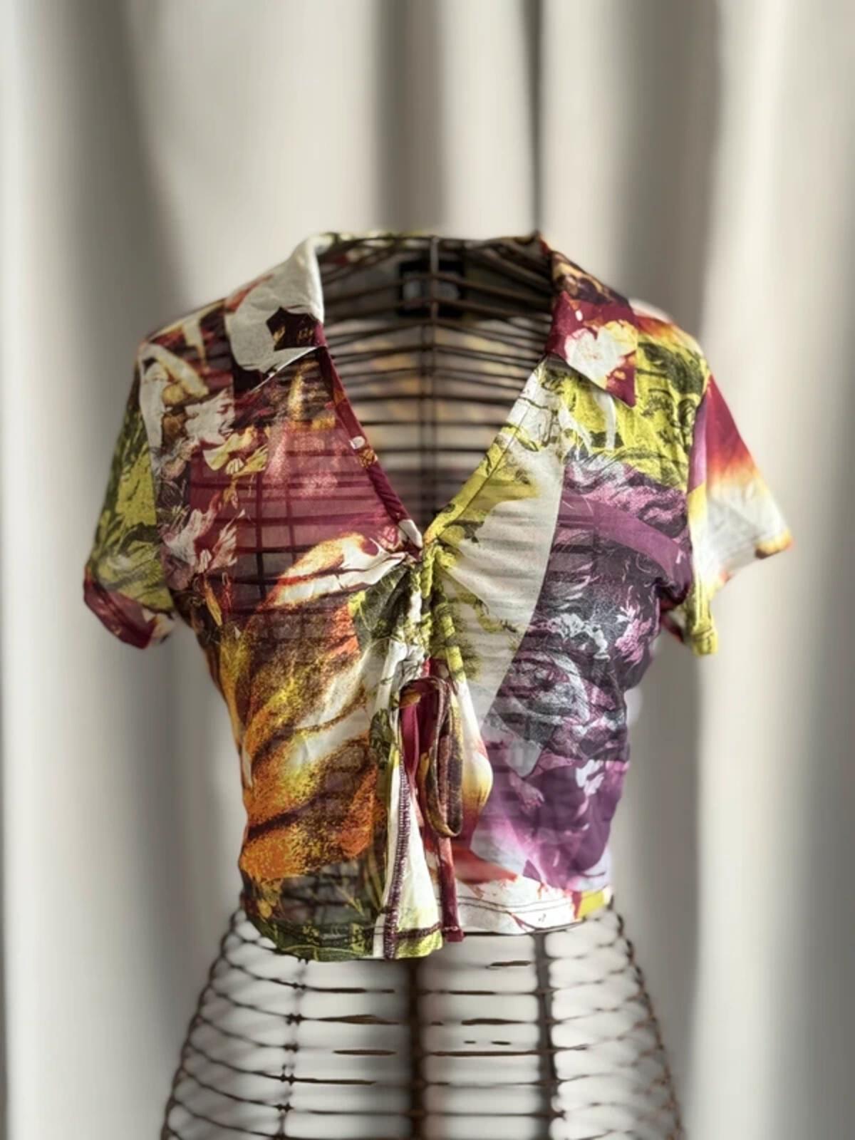 Y2K Mesh Tie Front Crop Top Abstract Print Fairycore Coquette UK 14