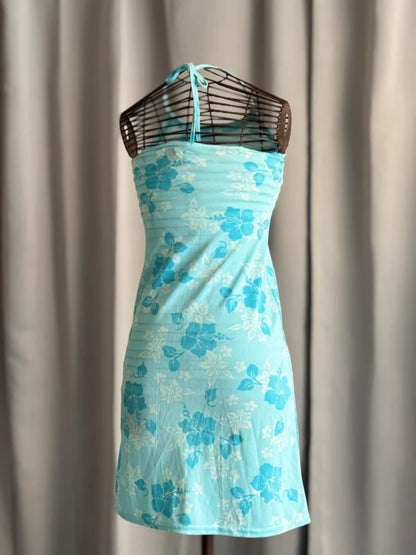 Y2K Blue Hawaiian Floral Halterneck Mini Dress Tropical Summer Beach XS