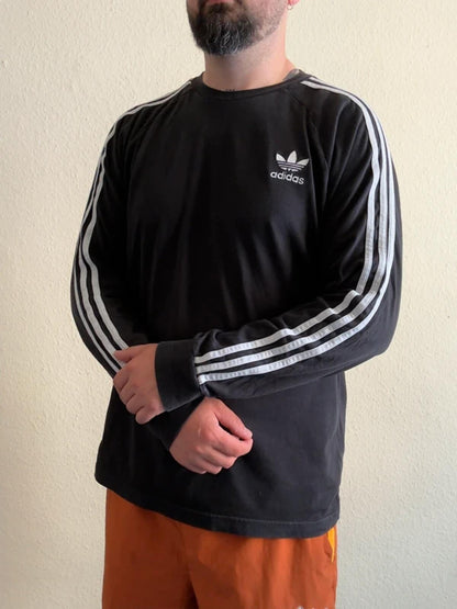 Adidas Long Sleeve Black 3 Stripes T Shirt Large