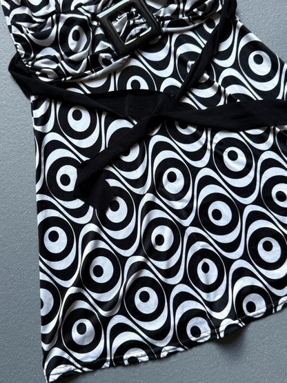 Y2K B&W Belt Buckle Psychedelic Dress