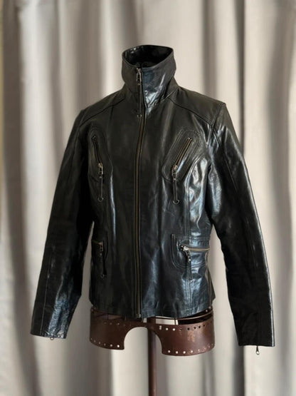 Vintage Black Leather Moto Jacket Medium Biker Y2K Zip Detail Grunge