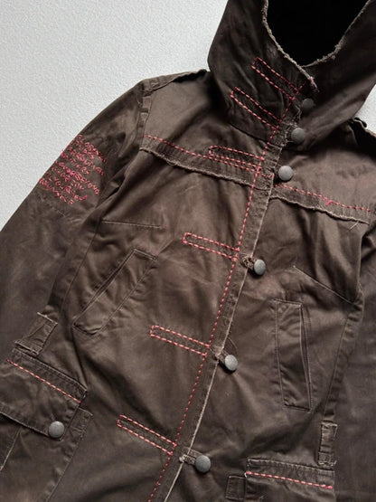 Y2K Brown Utility Parka Coat Size 8 Glitter Embroidery