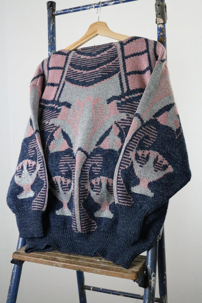 1980s Art Deco Metallic Batwing Knit Sweater Size 12