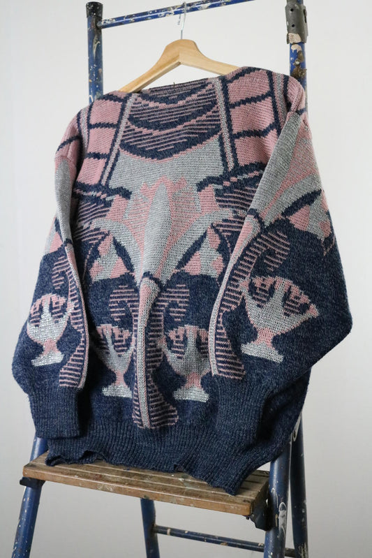 1980s Art Deco Metallic Batwing Knit Sweater Size 12