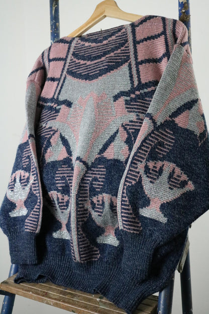 1980s Art Deco Metallic Batwing Knit Sweater Size 12