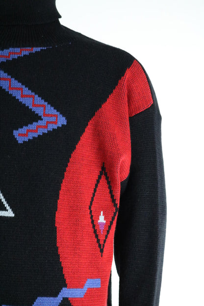 Vintage 80s Abstract Knit Jumper | Graphic Geometric Sweater | Black Statement Knit |
