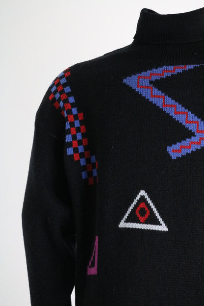 Vintage 80s Abstract Knit Jumper | Graphic Geometric Sweater | Black Statement Knit |