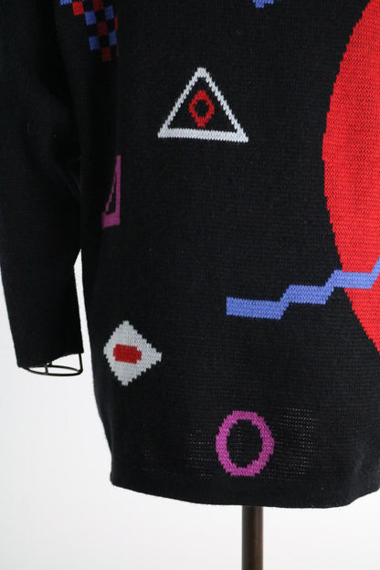 Vintage 80s Abstract Knit Jumper | Graphic Geometric Sweater | Black Statement Knit |