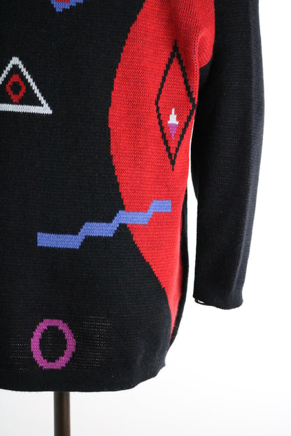Vintage 80s Abstract Knit Jumper | Graphic Geometric Sweater | Black Statement Knit |