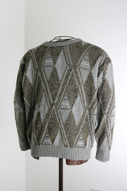 80s Vintage Geometric Funky Pattern Knit Sweater XL Grunge Earth Colours