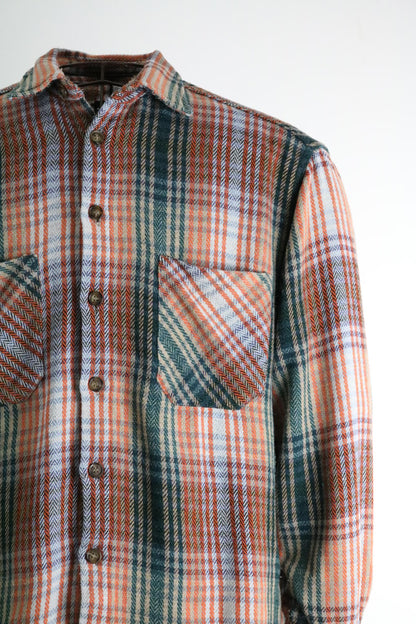 Orange & Green Vintage Plaid Flannel Shirt Large Mens