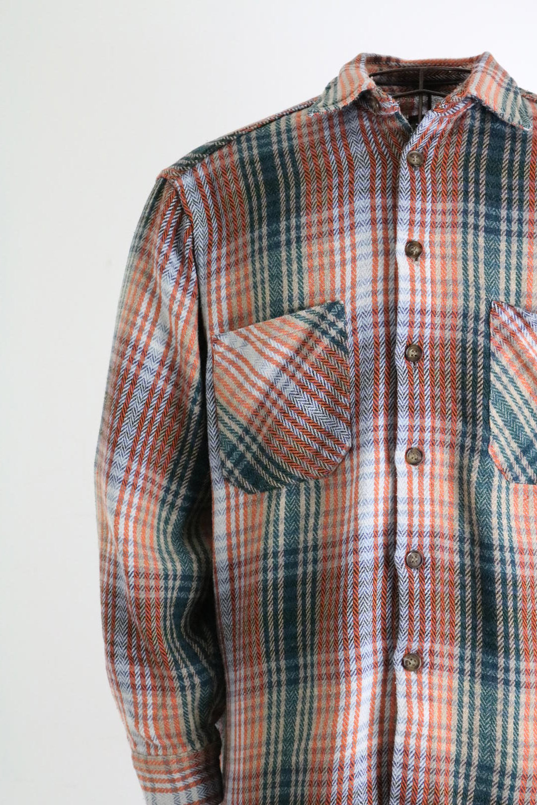 Orange & Green Vintage Plaid Flannel Shirt Large Mens