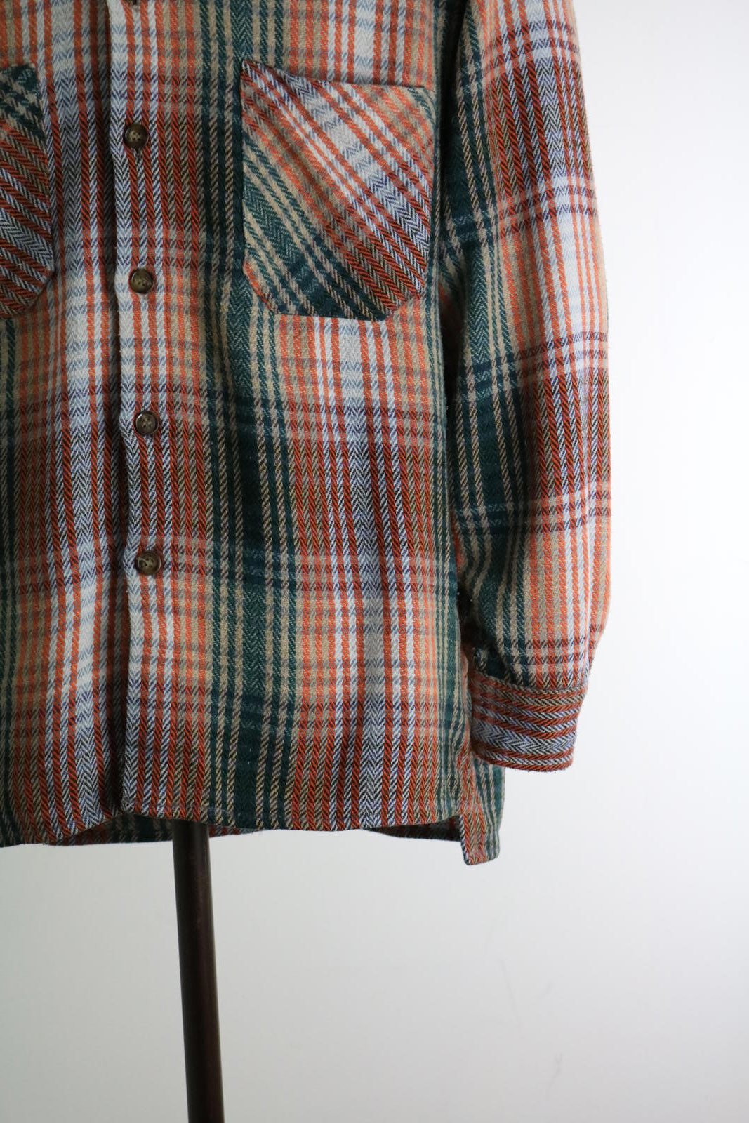 Orange & Green Vintage Plaid Flannel Shirt Large Mens