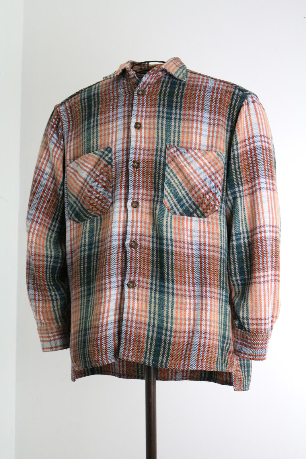 Orange & Green Vintage Plaid Flannel Shirt Large Mens