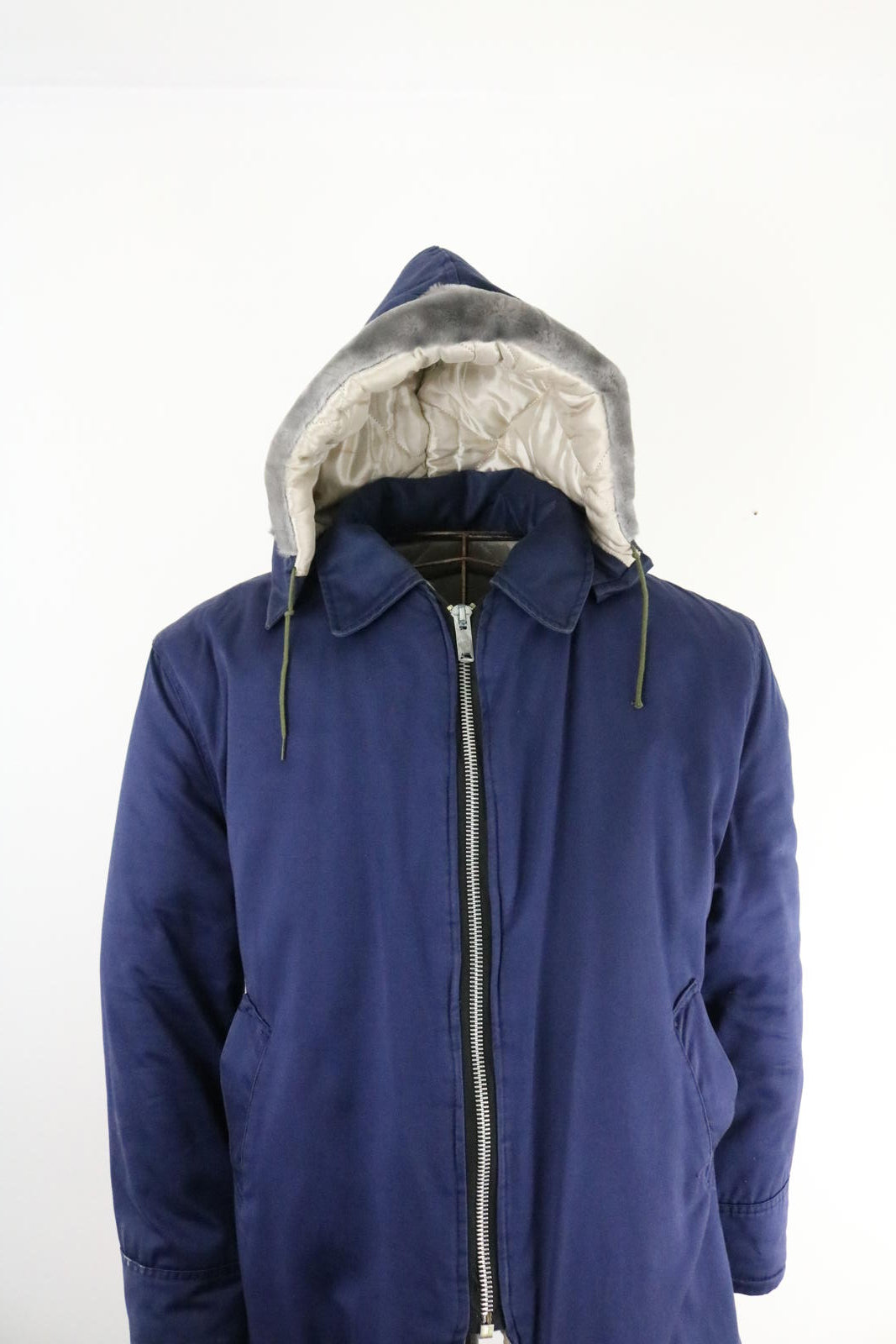 70s Vintage Hooded Workwear Jacket Navy Padded Zip Coat Medium