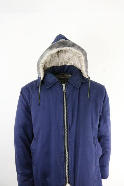 70s Vintage Hooded Workwear Jacket Navy Padded Zip Coat Medium