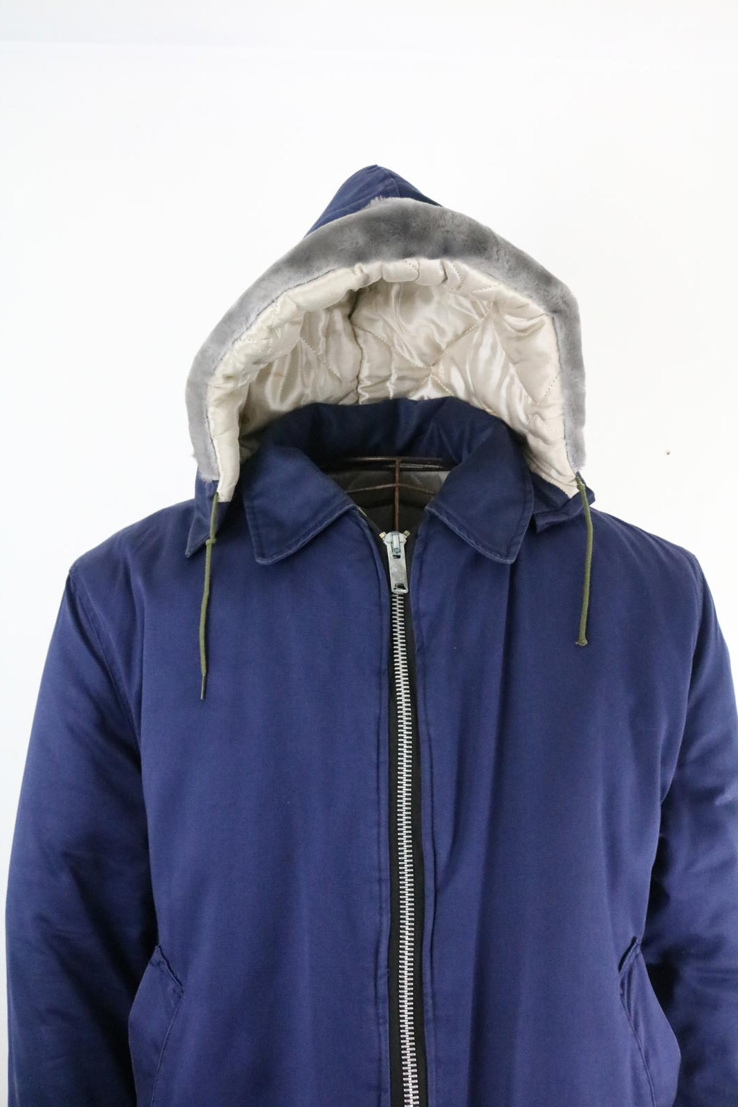 70s Vintage Hooded Workwear Jacket Navy Padded Zip Coat Medium