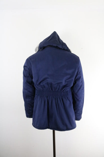 70s Vintage Hooded Workwear Jacket Navy Padded Zip Coat Medium