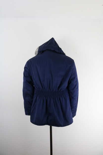 70s Vintage Hooded Workwear Jacket Navy Padded Zip Coat Medium