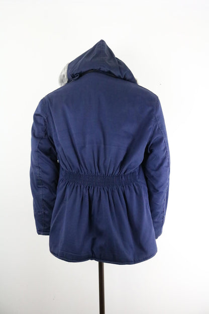 70s Vintage Hooded Workwear Jacket Navy Padded Zip Coat Medium