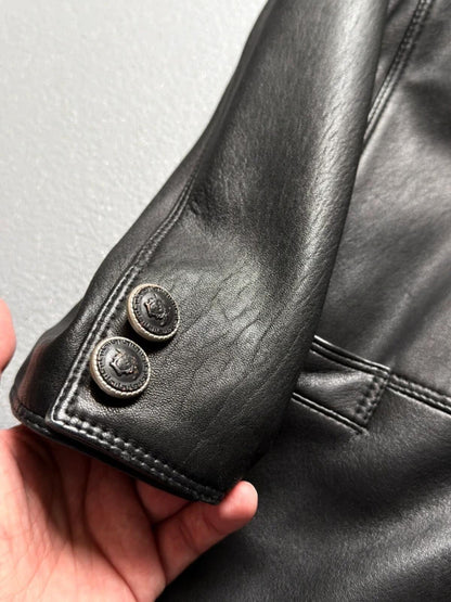 Gianni Versace 90s Vintage Black Leather Long Coat Medium Mens