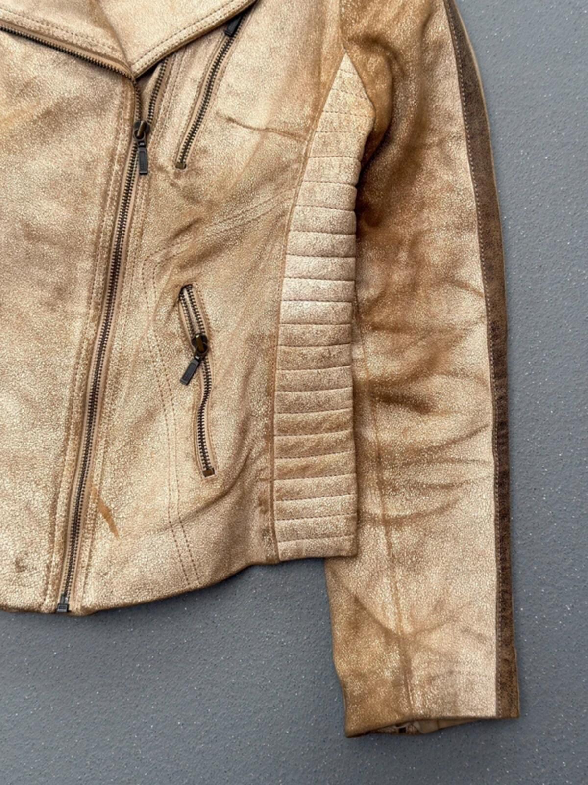 Y2K Distressed Beige Biker Jacket Leather Size 12