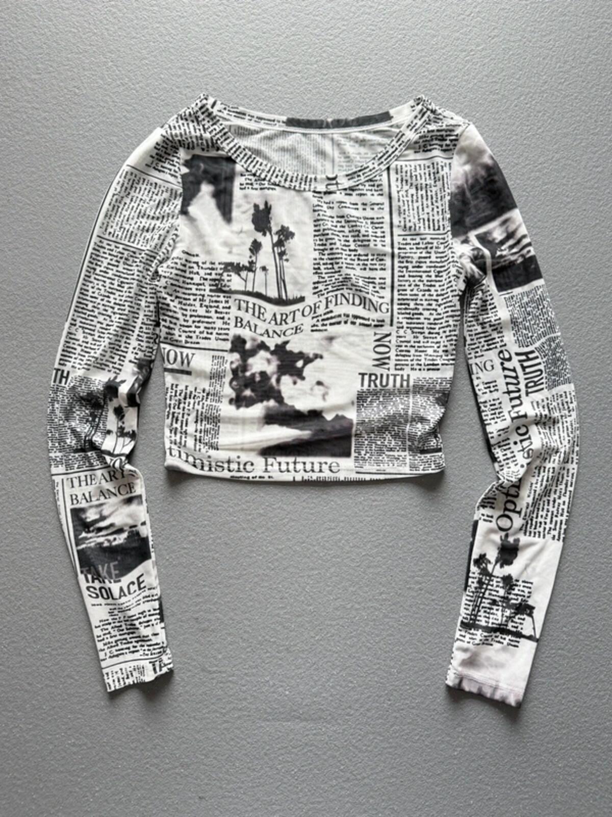 Y2K Style Mesh Long Sleeve Print Crop Top XS