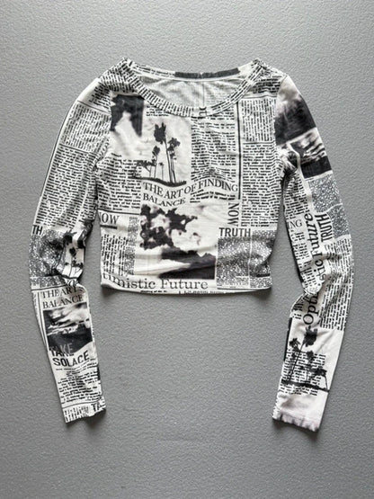 Y2K Style Mesh Long Sleeve Print Crop Top XS