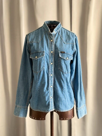 Lee Denim Western Shirt Womens Large Light Blue Snap Button Cowboy