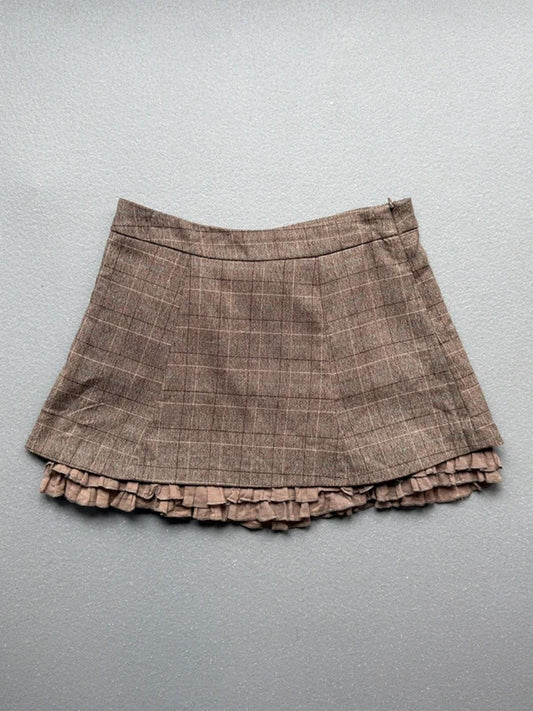 Vintage Y2K Brown Plaid Mini Skirt Ruffle Hem 30”