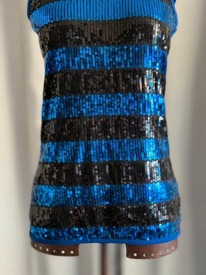 Y2K Indie Striped Sequin Vest Small Black & Blue