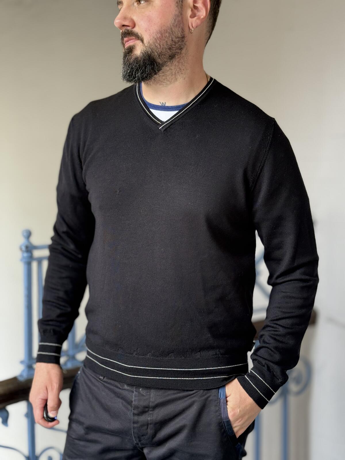 Armani Collezioni Black V Neck Knit Jumper Contrast Trim Sweater