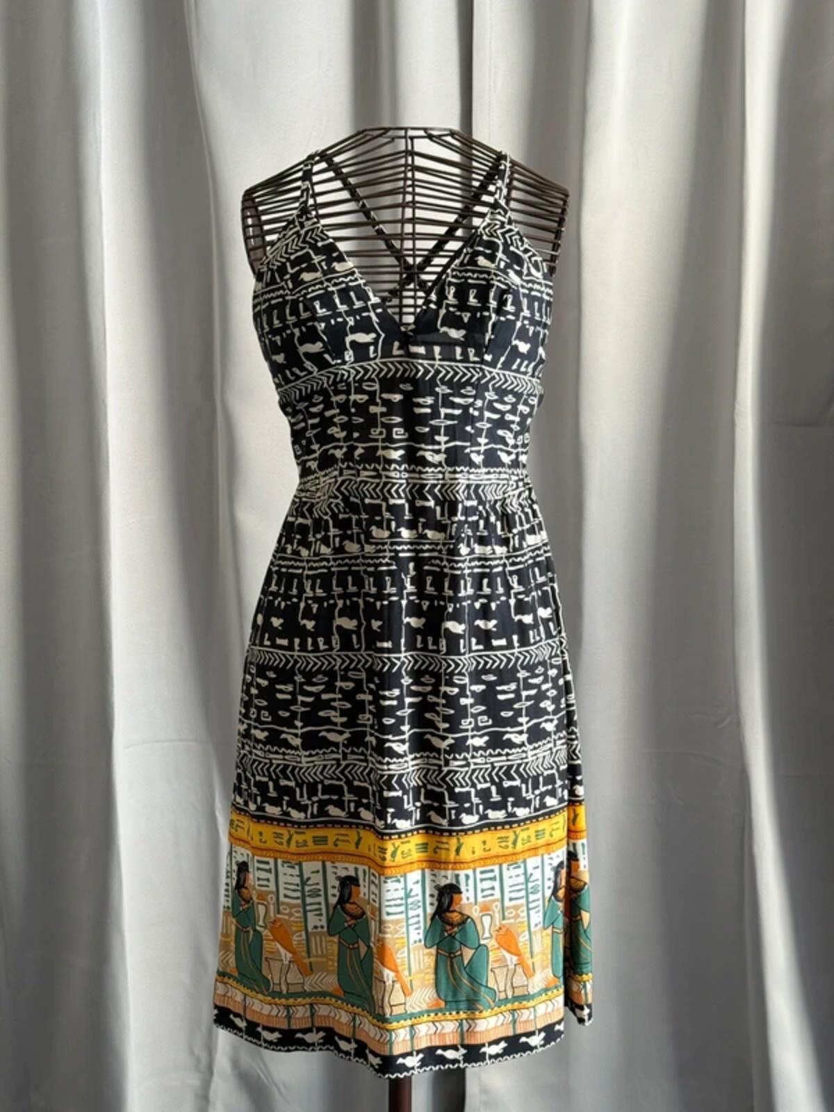 1960s Janine Robin Egyptian Hieroglyphics Print Strap Dress Size 8
