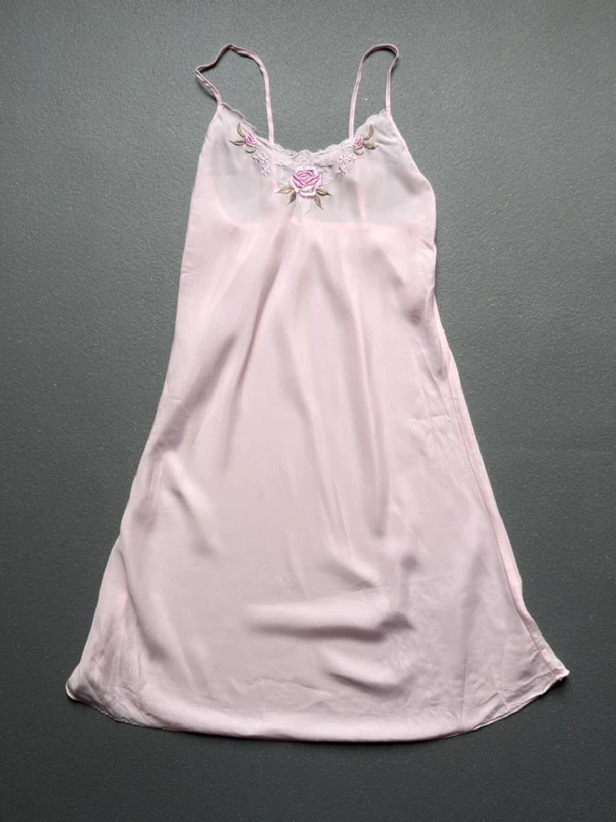 Y2K Pink Rose Embroidery Silk Slip Dress Babydoll XS