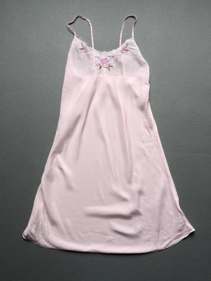 Y2K Pink Rose Embroidery Silk Slip Dress Babydoll XS